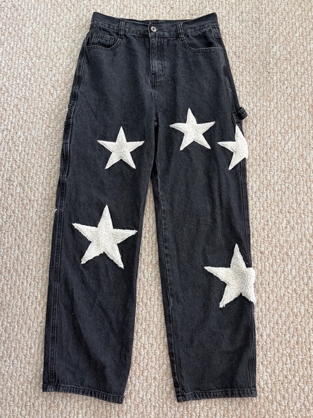 Aelfric Eden Black Washed Star Patch Wide Skater Leg Jeans